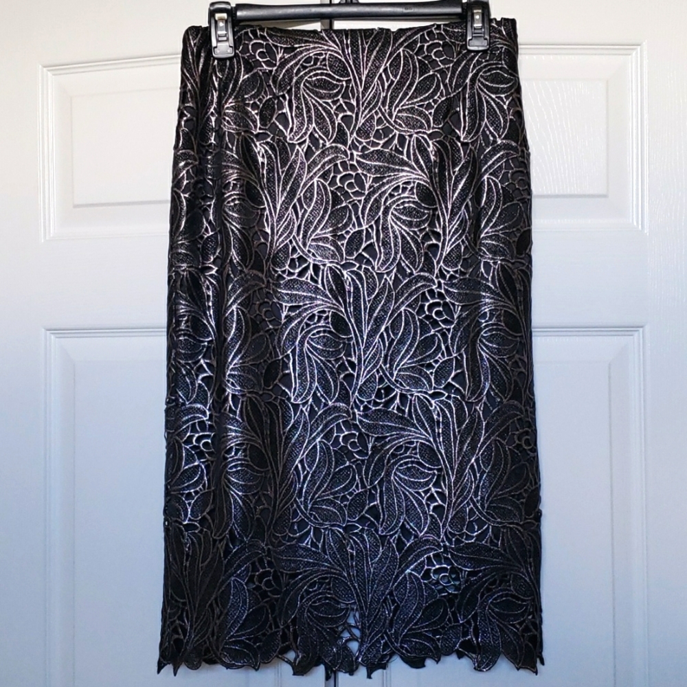 NWT White House Black Market Metallic Lace Pencil Midi Skirt